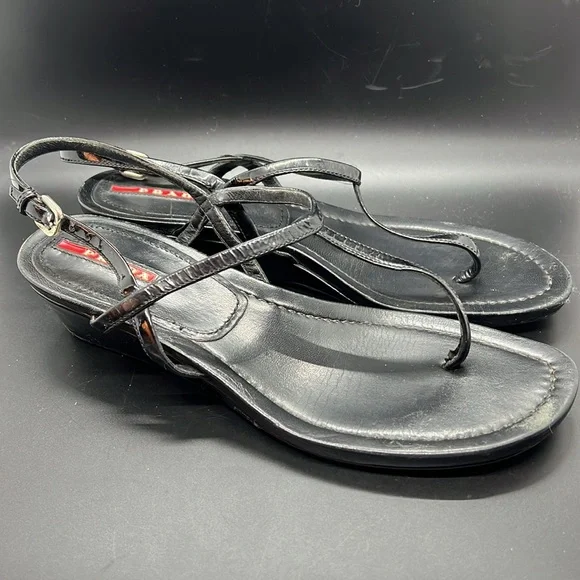 Prada Sport Black Patent Leather T-Strap Sandals size 8.5 - Picture 3 of 16